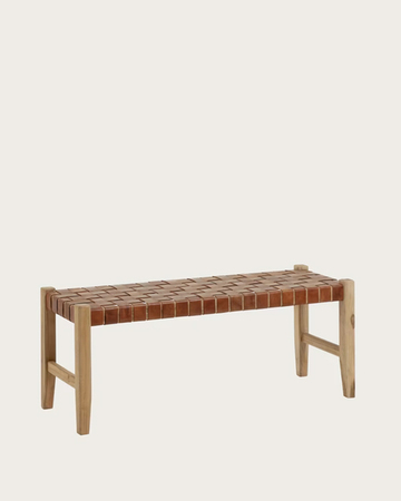 CALIXTA klupa od braon kože i drveta tikovine, 120cm