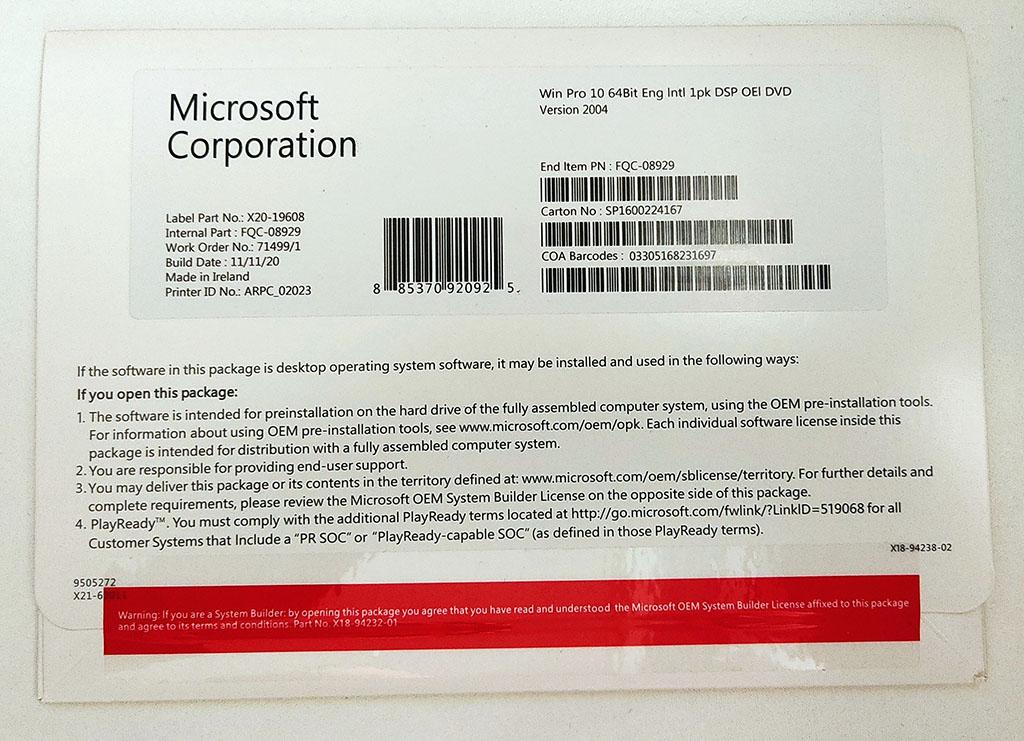 Microsoft Windows Pro 10 64Bit Eng DSP OEI DVD