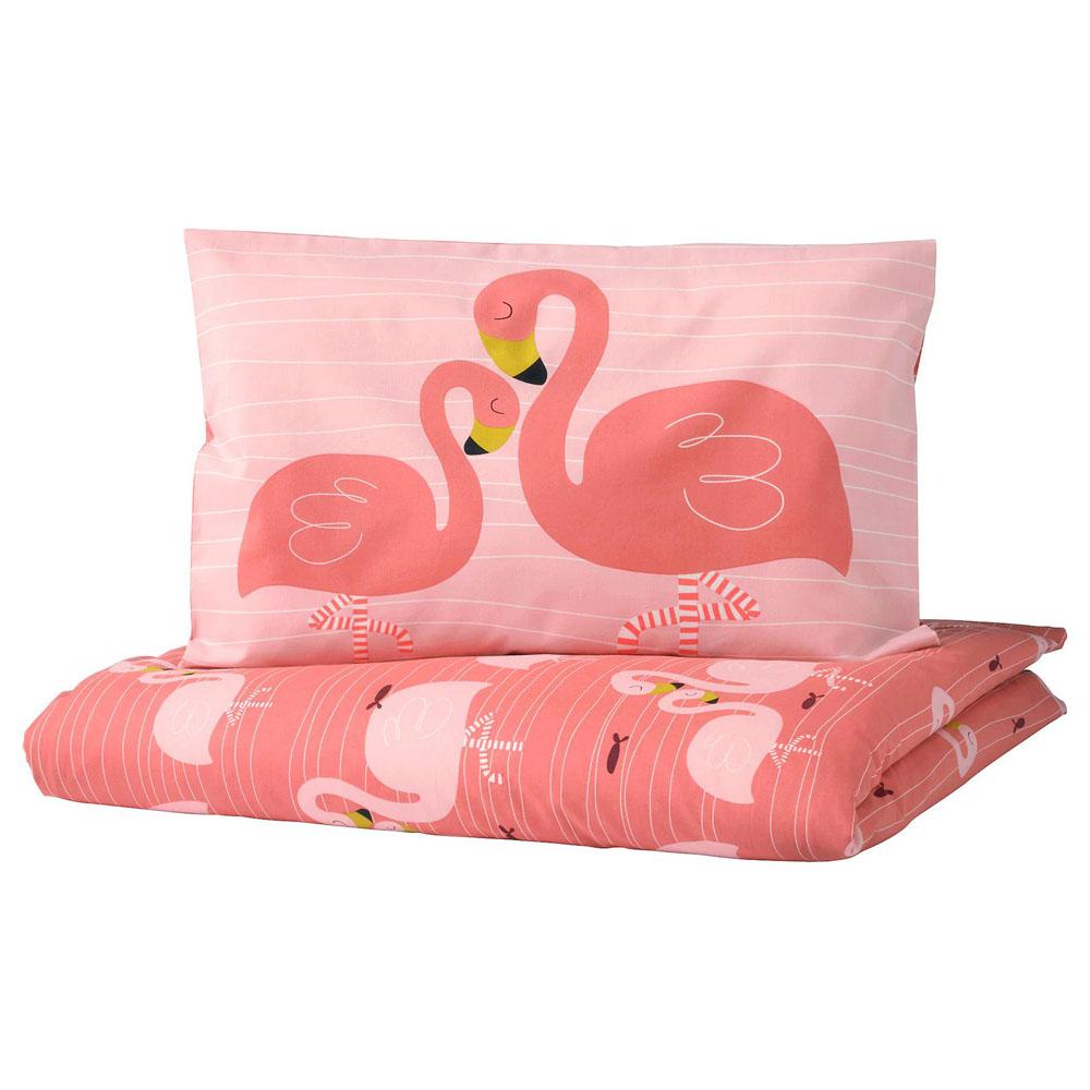 RORANDE 110x125/35x55cm posteljina za krevetac, flamingosi/roza