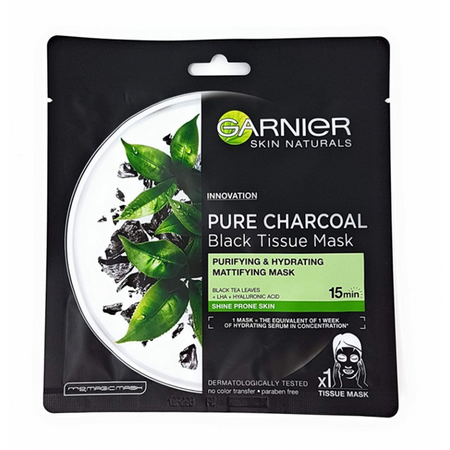 GARNIER PURE CHARCOAL & BLACK TEA PORE REFINING TISSUE FACE MASK FOR OILY SKIN