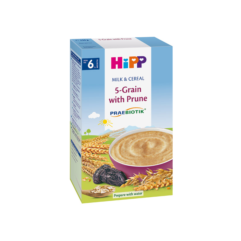 HiPP INSTANT MLIJECNA KASA - PET VRSTA ZITARICA SA SUVOM SLJIVOM I PRAEBIOTIKOM 6 MJESECI
