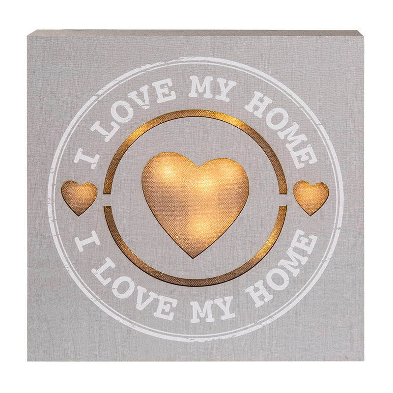 GREY WOODEN SIGN WITH 10 WARM WHITE LED, I LOVE MY HOME 810632