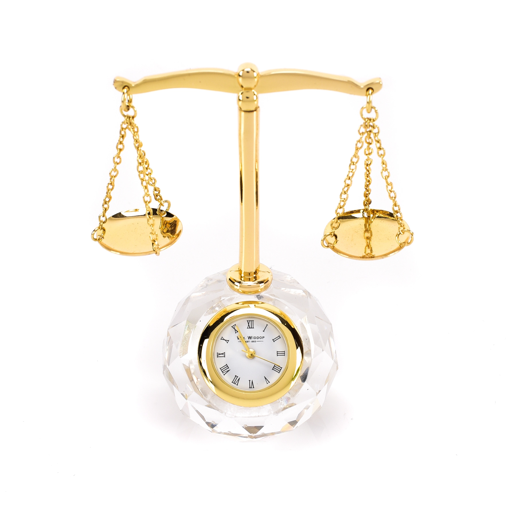 SAT STONI WIDDOP WILLIAM MINIATURE GLASS CLOCK-SCALES OF JUSTICE 9668