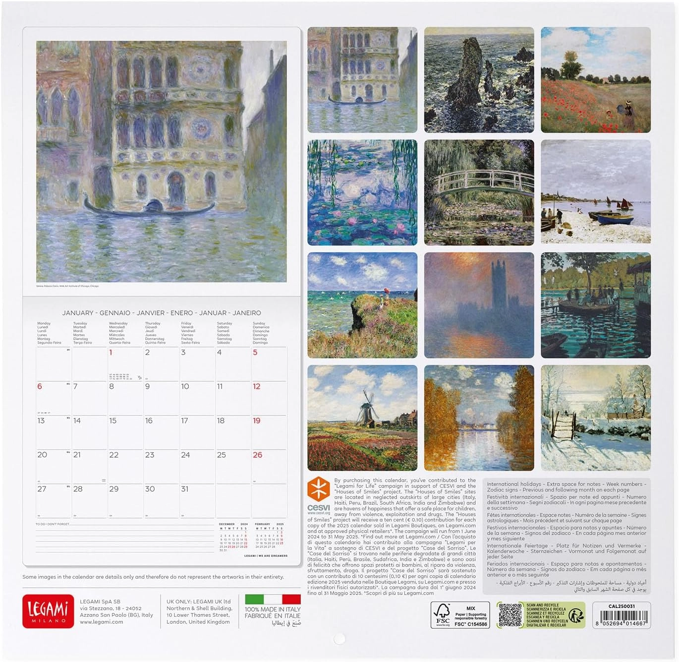 KALENDAR ZIDNI LEGAMI 2025 CLAUDE MONET 30x29 ART CAL250031