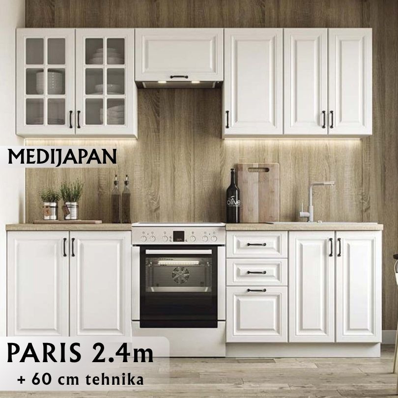 PARIS Kuhinja 2.4 m bijela /bijela mdf hg + radna ploča 1.8