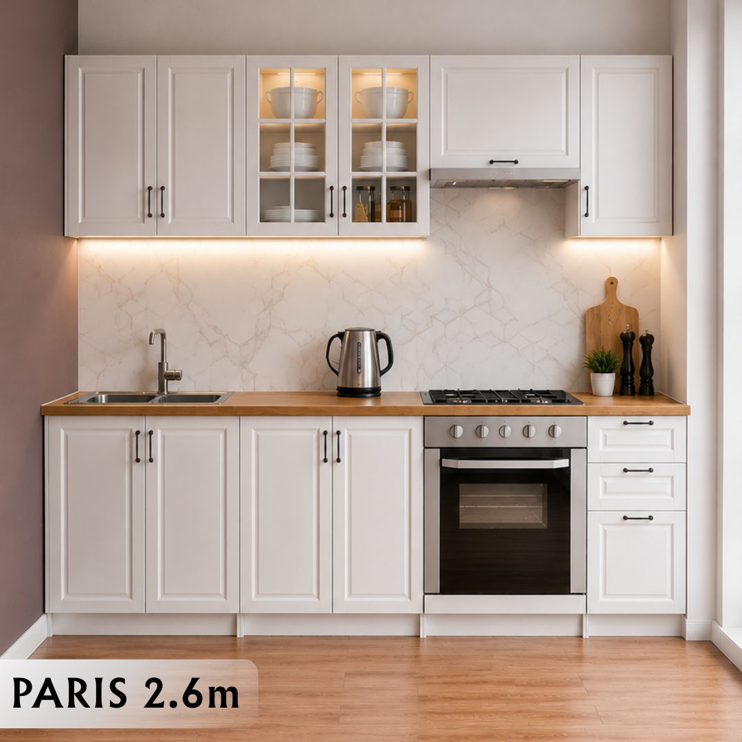 PARIS Kuhinja 2.6 m NR bijela / bijela mdf hg + radna ploča 2.6