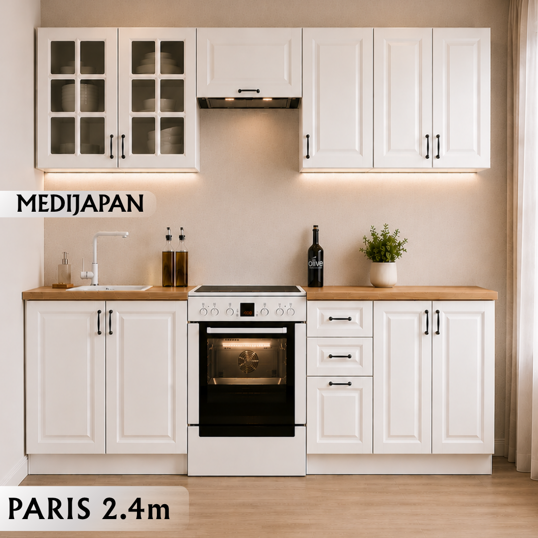 PARIS Kuhinja 2.4 m bijela /bijela mdf hg + radna ploča 1.8