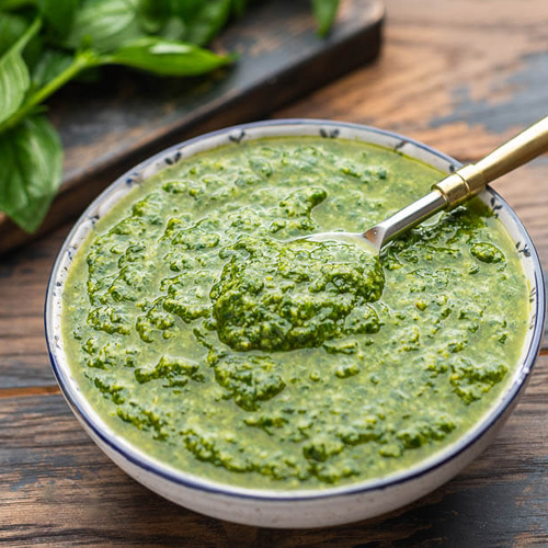 PESTO ALLA GENOVESE ,neto 800g - napravljen od svježe ubranih listova bosiljka (Ligurian basil) i djevičanskog maslinovog ulja sa dodatkom začina.