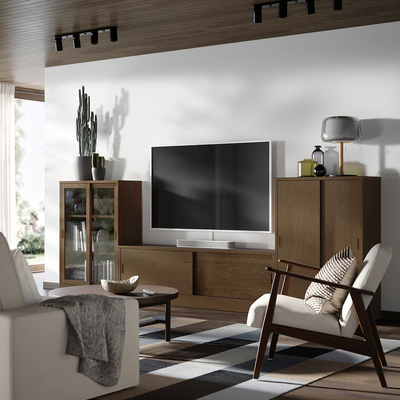 TV/komb.za odlag. s kliz. vratima, smeđa bajcovani hrastov furnir/bistro staklo, 342x37x120 cm