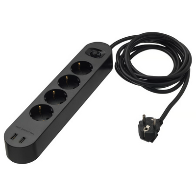 4-struka utičnica s 2 USB ulaza, crna, 3.0 m