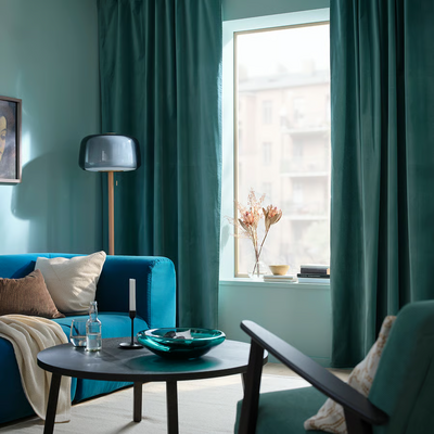 Zavjese, 1 par, tamnosiva-tirkizna/s trakom za nabiranje, 140x300 cm