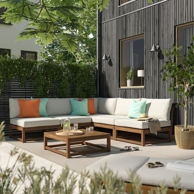 Modularna ugaona sofa za 4 osobe, napolju svijetlosmeđe bajcovano/Frösön/Duvholmen bež, 254 cm