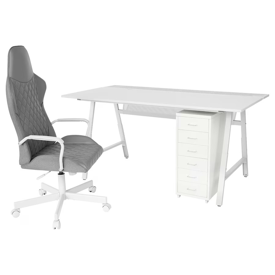 Radni sto, stolica i fiokar, svijetlosiva siva/bijela