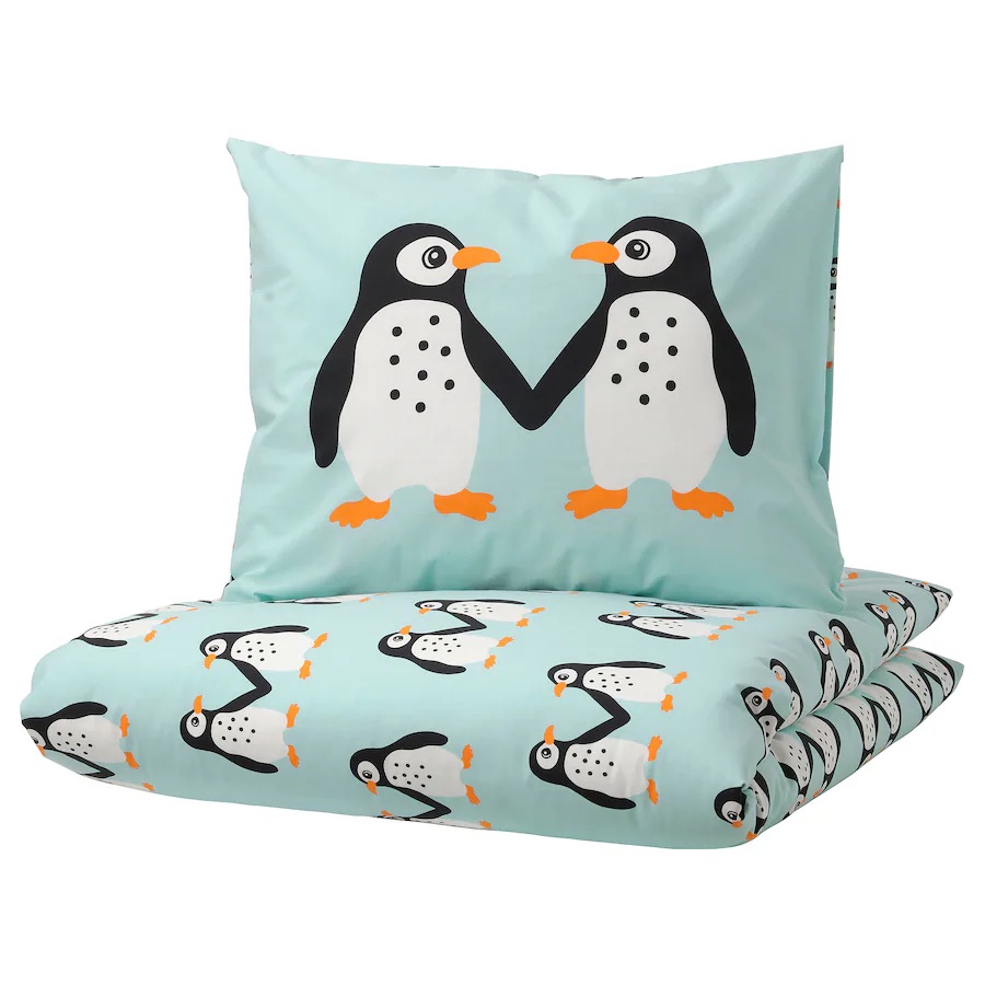 Jorganska navlaka i jastučnica, pingvin šara/svijetlotirkizna, 150x200/50x60 cm