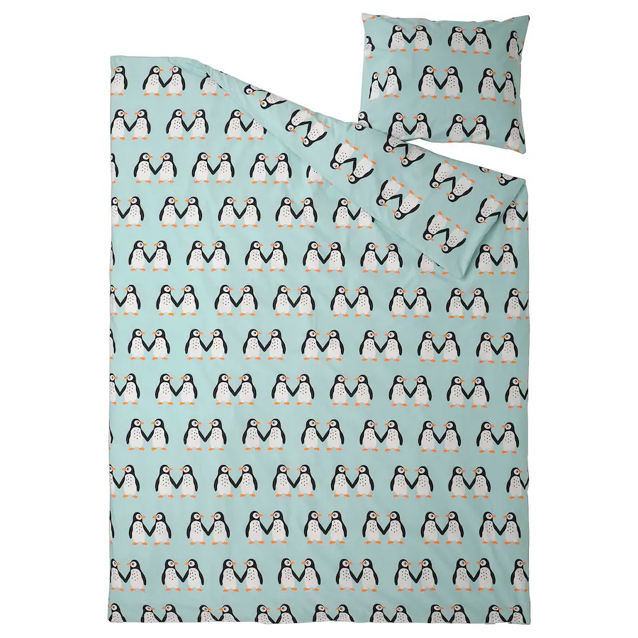 Jorganska navlaka i jastučnica, pingvin šara/svijetlotirkizna, 150x200/50x60 cm