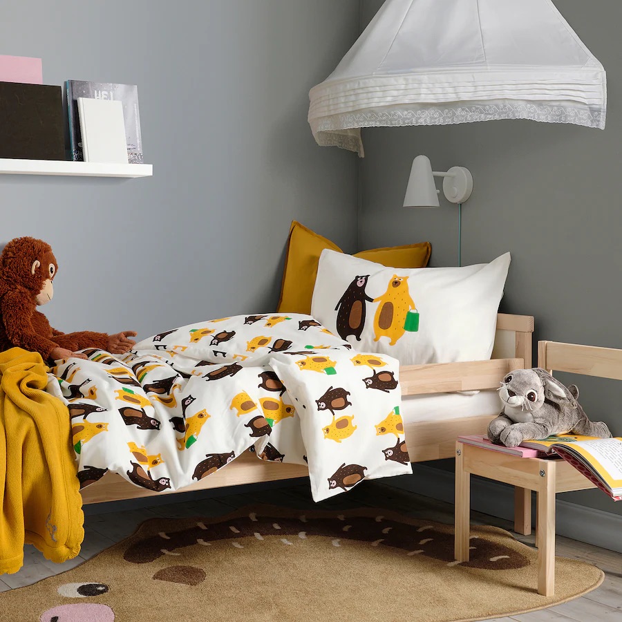 Jorganska navlaka i jastučnica, šara medveda žuta/smedja, 150x200/50x60 cm