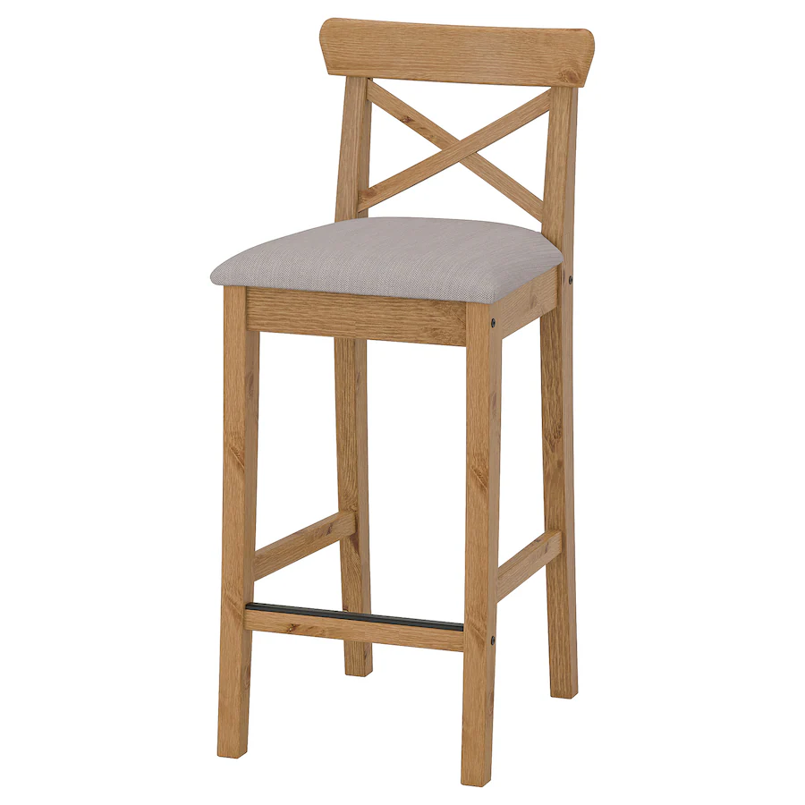Barska stolica s naslonom, rustično bajcovano/Nolhaga sivo-bež, 65 cm