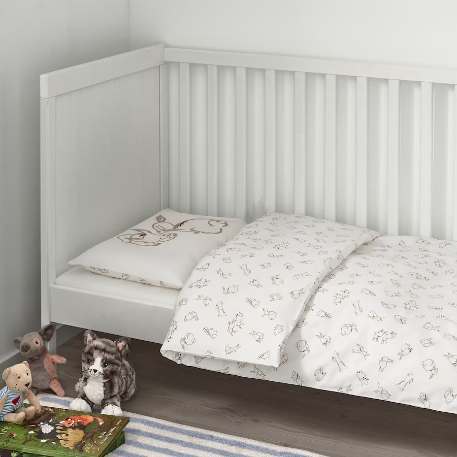Jorg.navl. i jastučnica za krevetac, zečevi/bijela/bež, 110x125/35x55 cm