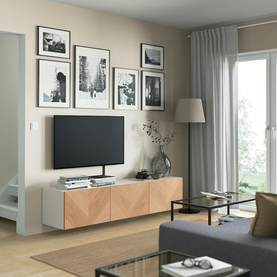 TV stalaža s vratima, bijela/hrastov furnir, 180x42x38 cm