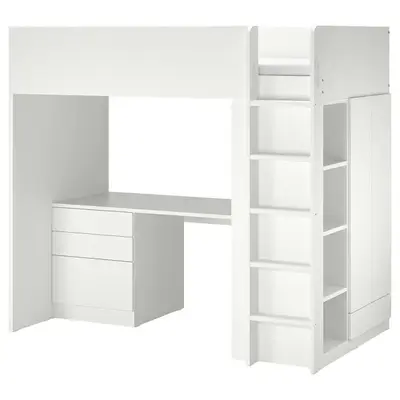 Izdignut krevet, bijela/s radnim stolom s 2 police, 90x200 cm