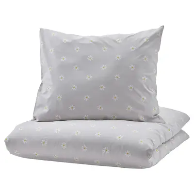 Jorganska navlaka i jastučnica, cvjetna šara siva/bijela, 150x200/50x60 cm