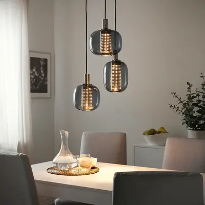 Visilica s 3 lampe, niklovano/siva staklo