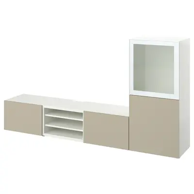 TV komb. za odlaganje/stakl.vrata, bela/Selsviken v. sjaj bež m. staklo, 240x42x129 cm
