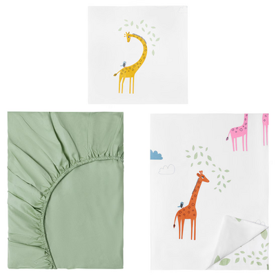 Set posteljine s vrećom, 3-djelni, zelena žirafa, 150x200/50x60 cm