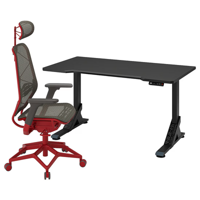Gejmerski sto i stolica, crna siva/crvena, 140x80 cm