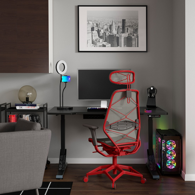 Gejmerski sto i stolica, crna siva/crvena, 140x80 cm