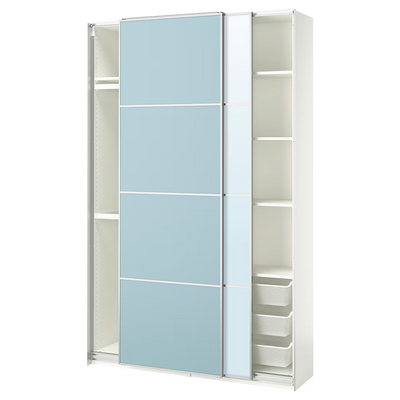 Garderober i klizna vrata, bijela dvostrano/svijetloplava ogledalo, 150x44x236 cm