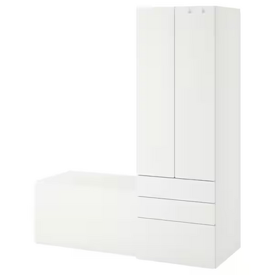Kombinacija za odlaganje, bijela bijela/s klupom, 150x57x181 cm