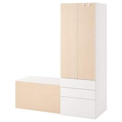 Kombinacija za odlaganje, bijela breza/s klupom, 150x57x181 cm