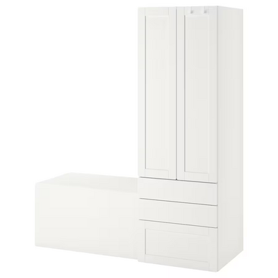 Kombinacija za odlaganje, bijela s okvirom/s klupom, 150x57x181 cm