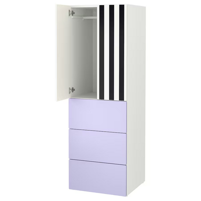 Garderober, bijela pruga/lila s 3 fioke, 60x57x181 cm