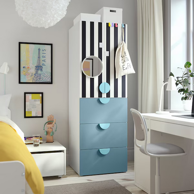 Garderober, bijela pruga/plava s 3 fioke, 60x57x181 cm