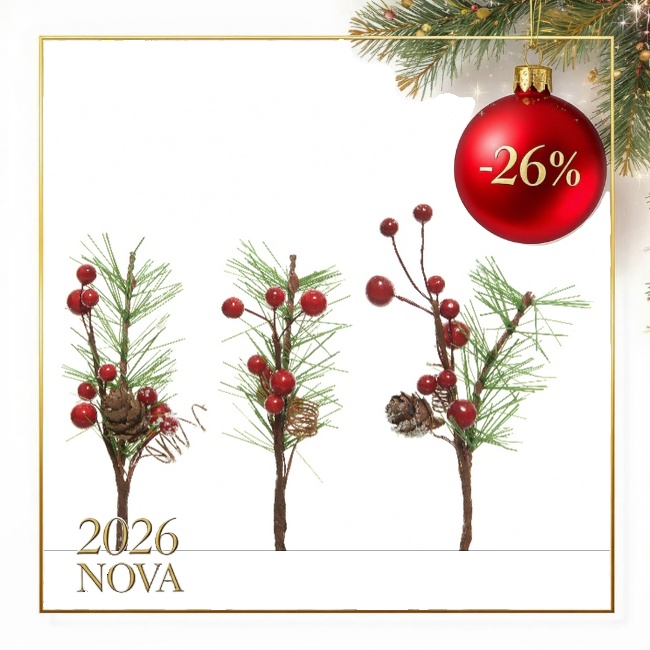 Dekor. novogod.grančica sa crvenim bobicama 2x5x15cm Everlands