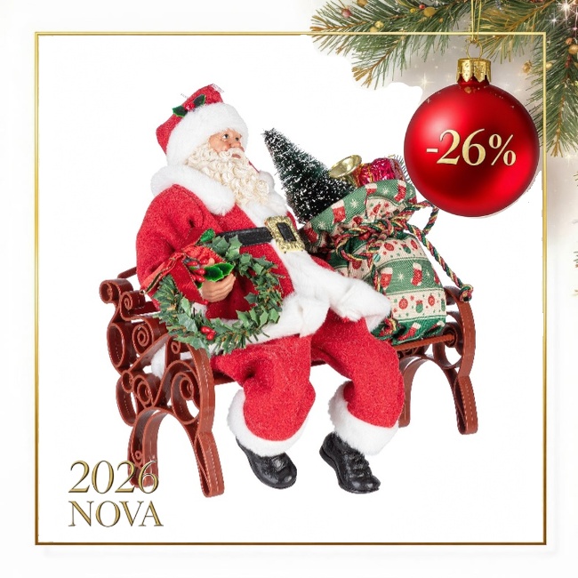 Dekor. figura - Deda Mraz Denzel na klupi sa vrećom poklona Bizzotto