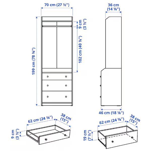 HAUGA 70x199cm Otvoreni garderober s 3 fioke, bijela