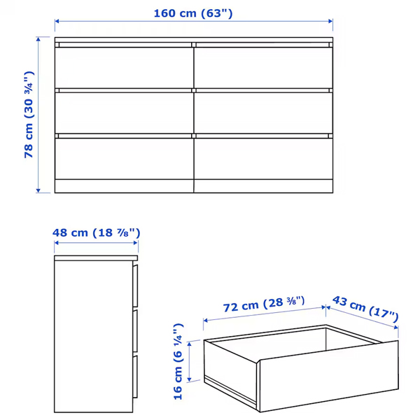 MALM 160x78cm Komoda sa 6 fioka, bijelo b. hrastov furnir