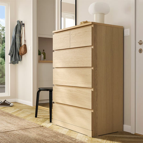 MALM 80x123cm Komoda sa 6 fioka, bijelo b. hrastov furnir