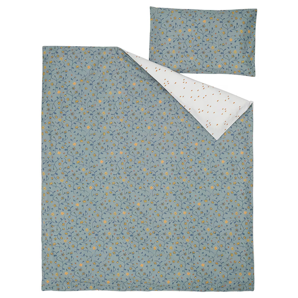 GULDVAVARE 110x125/35x55cm Jorganska navlaka i jastučnica za krevetac, plava/bijela cvjetna šara