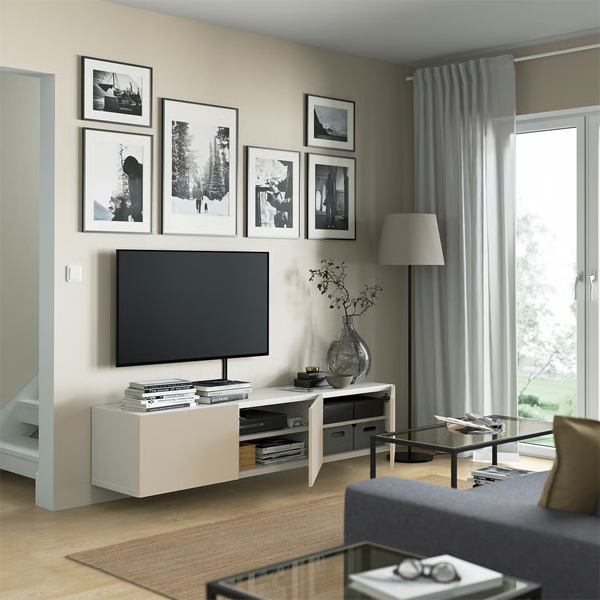 BESTA 180x42x38cm TV komoda sa vratima, bijela/Lappviken svijetlosiva/bež