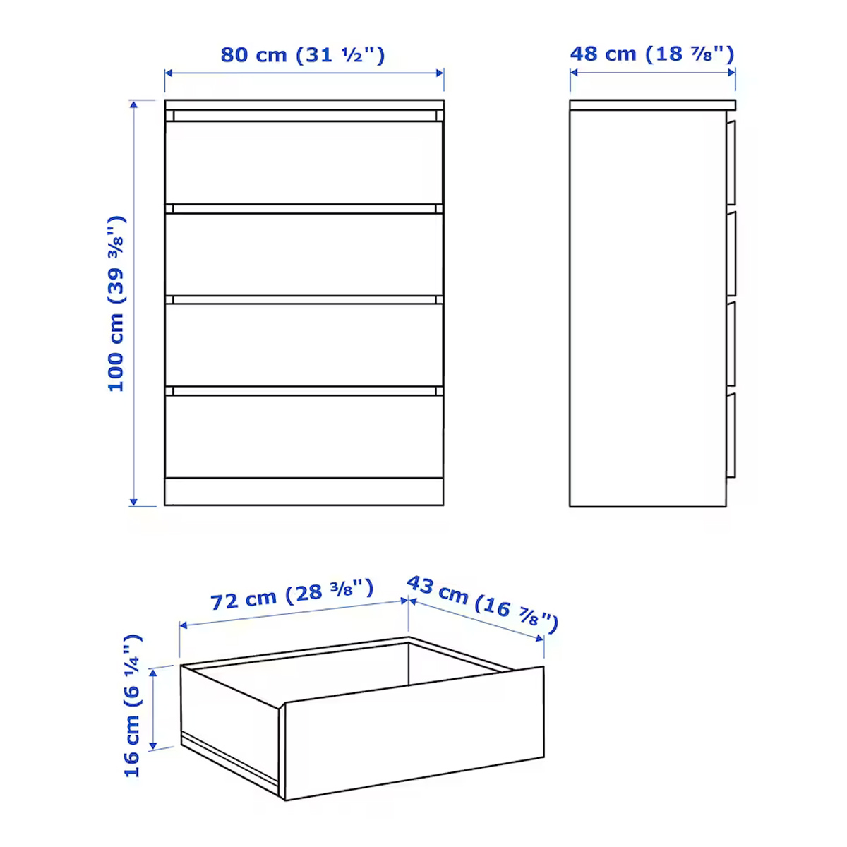 MALM 80x48x100cm komoda sa 4 fioke, hrastov furnir