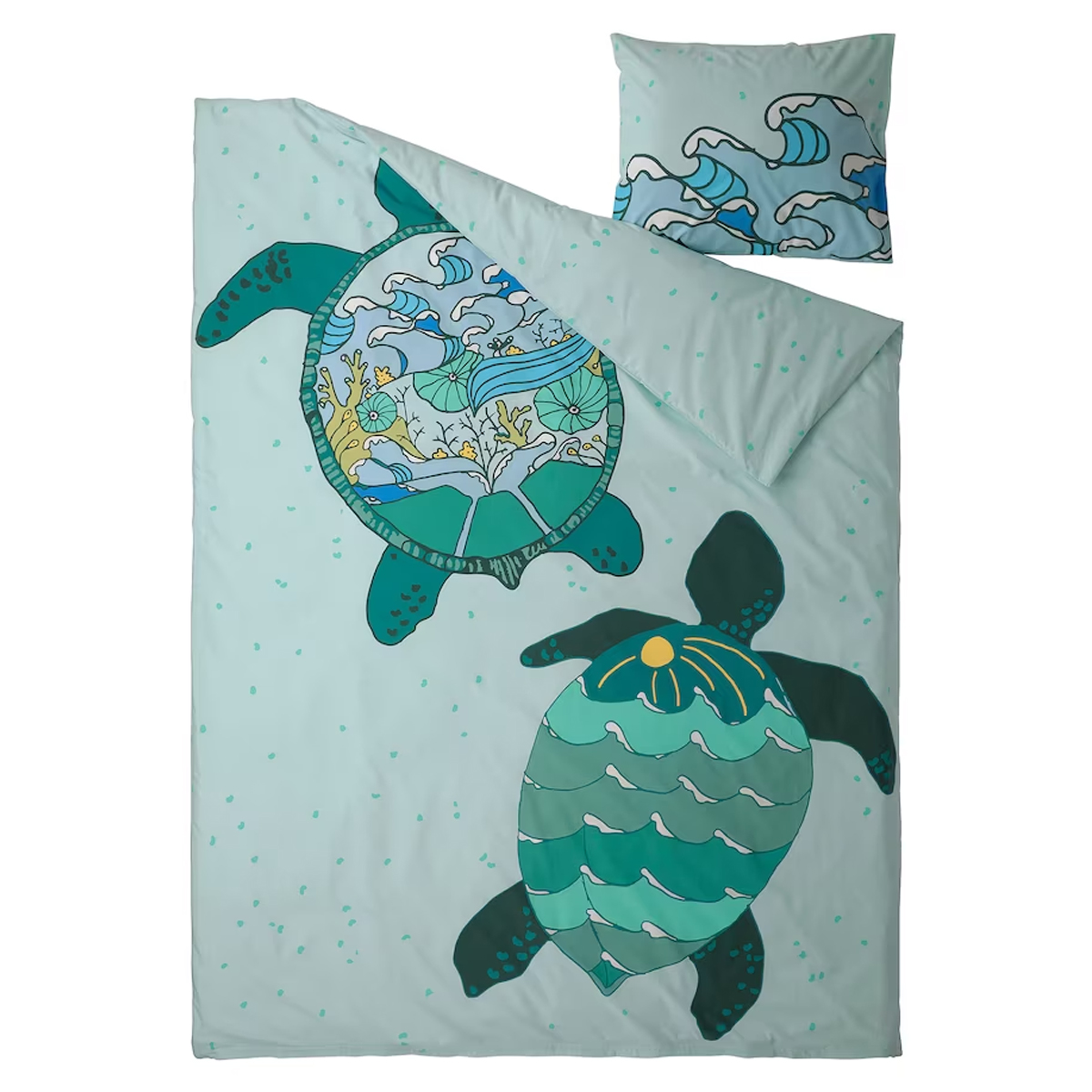 BLAVINGAD 150x200/50x60cm djecja posteljina, kornjace/tirkizna