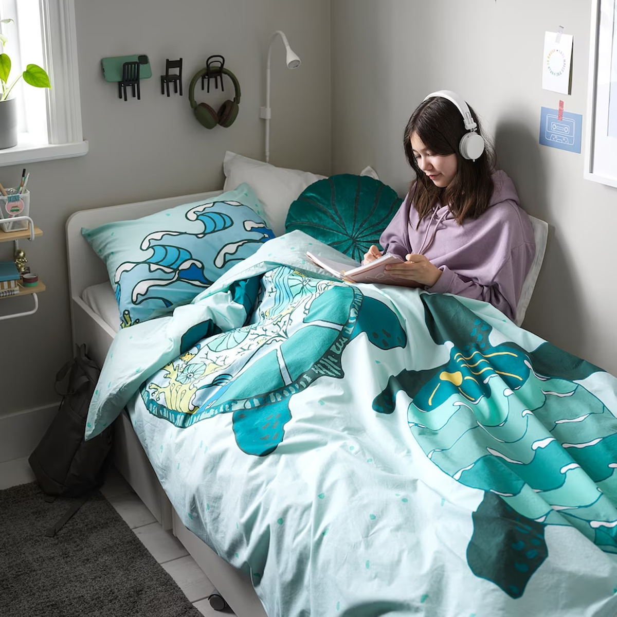 BLAVINGAD 150x200/50x60cm djecja posteljina, kornjace/tirkizna