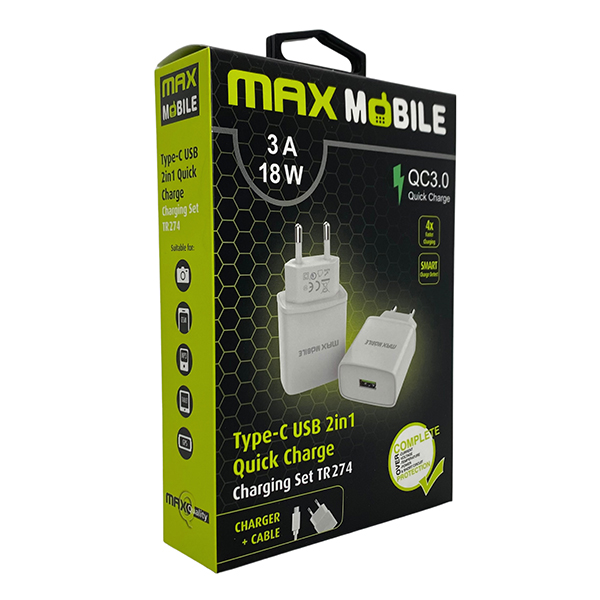 Punjač kućni Maxmobile 2u1 QC 3.0 QUICK CHARGE USB+ TYPE-C 18W Bijeli
