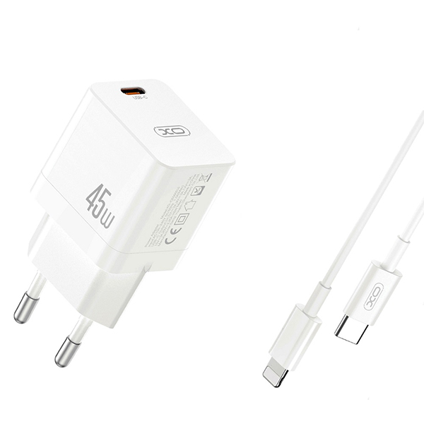 Punjač zidni XO CE09 PD 45W 1x USB-C white + USB-C - Lightning cable GSM170644