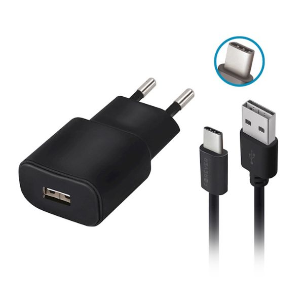 Forever TC-01 charger 1x USB 2A black + USB-C cable GSM032681