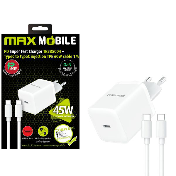 Punjač kućni Maxmobile PD super fast 2u1 45W + Type-C kabl 1m TR-385004